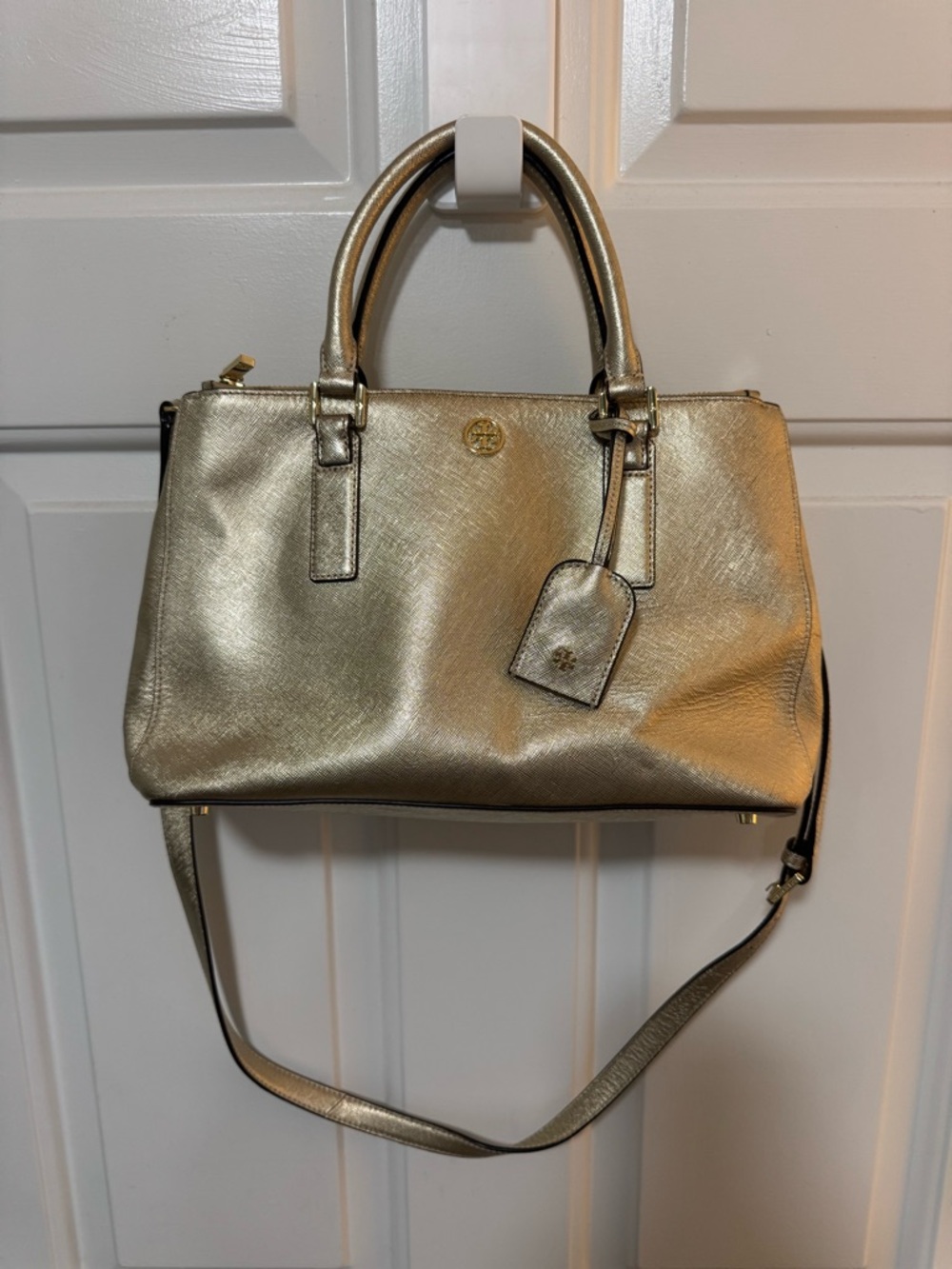 Tory Burch Leather Robinson Metallic Mini Square Tote Crossbody Handbag, Gold